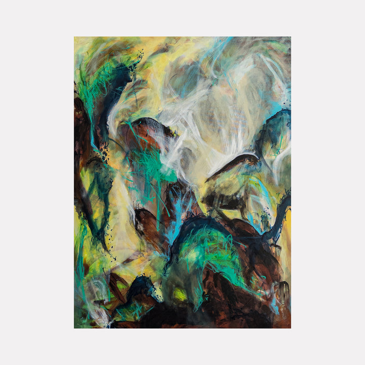 Exalted by Betsy Becher reveals an intense abstract scene marked by swirling layers of deep greens, rich browns, and soft yellows, interwoven with ethereal white wisps that create a sense of dynamic energy and natural transformation within a bold and immersive contemporary composition.