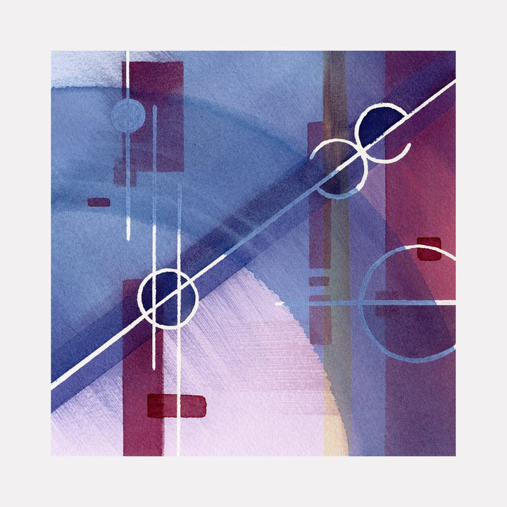The artwork 'Exoplanet' by Arthur Norcome features geometric abstract watercolor composition with intersecting white lines and circles against a gradient background of deep blues, mauves, and soft pink. Clean minimalist design elements create a cosmic, architectural feel through precise linear forms and translucent color layering in an 8x8 inch format.