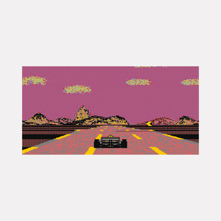 The artwork "F1" by Harold Herb depicts a pixelated racing car speeding down a stylized road set against a vibrant purple sky with scattered golden clouds. Rendered in mixed media with neon-inspired hues, the piece blends retro digital aesthetics with the graphic simplicity reminiscent of artists like early video game designers and minimalist painters such as Kazimir Malevich.