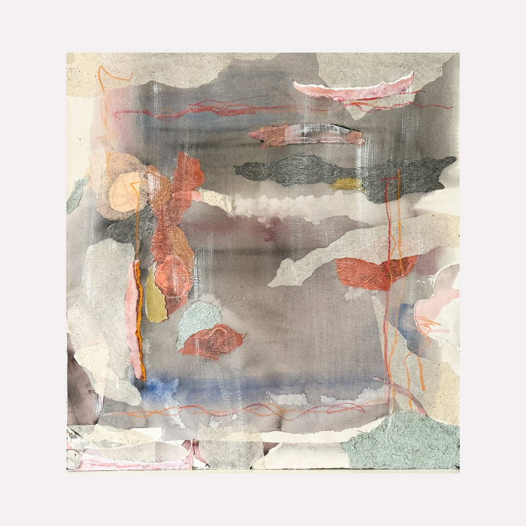 FISH BOWL by Diane Love showcases an abstract interplay of layered translucent washes, soft grays, muted reds, and delicate peach tones. Textured paper elements and fine linear accents create a subtle sense of depth and movement within a contemplative, ethereal composition that evokes a quiet, introspective mood.