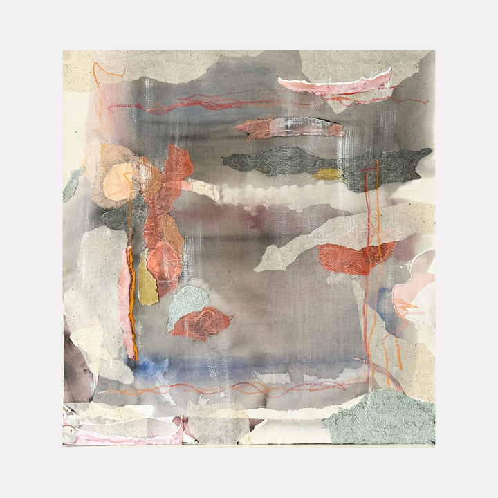 FISH BOWL by Diane Love showcases an abstract interplay of layered translucent washes, soft grays, muted reds, and delicate peach tones. Textured paper elements and fine linear accents create a subtle sense of depth and movement within a contemplative, ethereal composition that evokes a quiet, introspective mood.