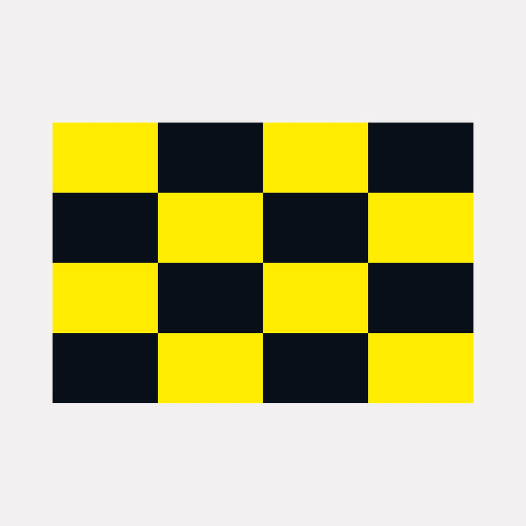 The artwork "FLAG" by Harold Herb features a bold grid pattern of alternating yellow and black squares arranged in a checkerboard style. This large mixed media piece reflects modernist graphic design principles, drawing parallels to the geometric abstraction of Piet Mondrian and the vivid color contrasts found in the works of Josef Albers.