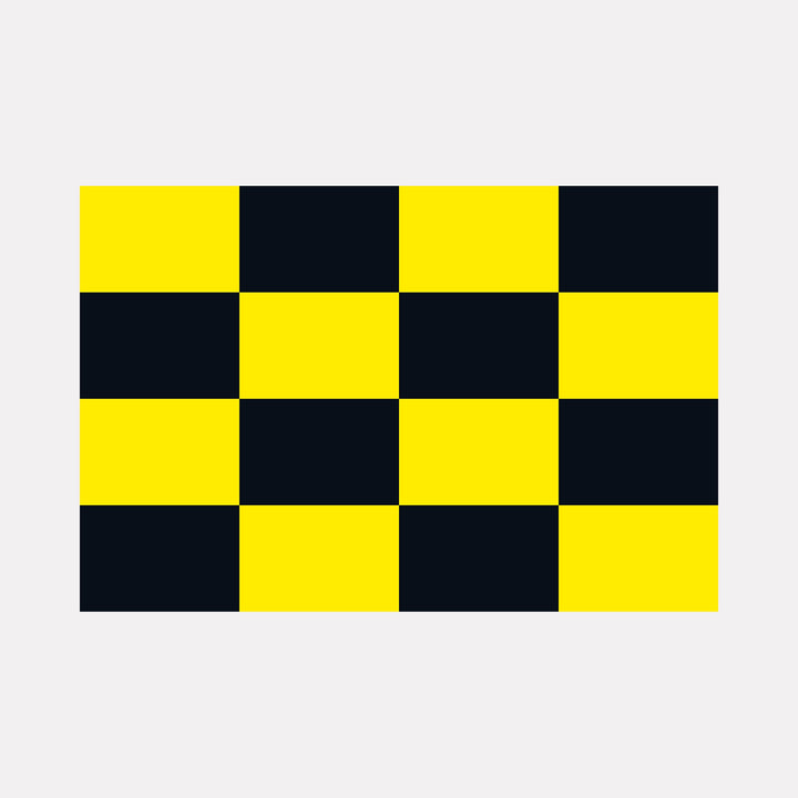 The artwork "FLAG" by Harold Herb features a bold grid pattern of alternating yellow and black squares arranged in a checkerboard style. This large mixed media piece reflects modernist graphic design principles, drawing parallels to the geometric abstraction of Piet Mondrian and the vivid color contrasts found in the works of Josef Albers.