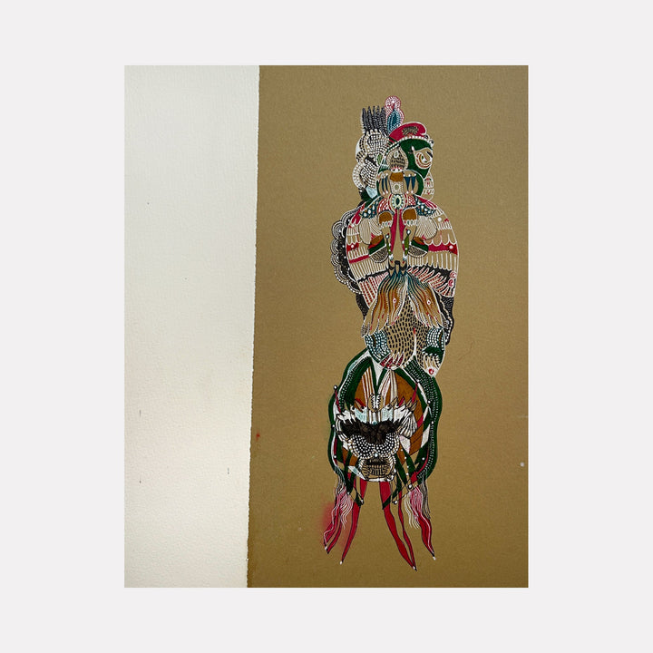 The artwork 'Flight 01' by Amy Decker features a vertical composition with a stylized totemic figure rendered in ink on paper. The design incorporates vibrant pinks, teals, and browns against a golden background, showing intricate linework and layered motifs reminiscent of Pacific Northwest indigenous art styles. The figure appears to be floating or descending, with wing-like elements and flowing forms.