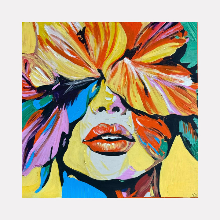 The artwork "Flower Face" by Claudia Sauter in gallery position 1 depicts a vibrant mixed media portrait where bold, oversized petals in fiery oranges, yellows, and purples obscure a stylized female face with vivid lips. The dynamic brushstrokes and lively color contrasts recall the expressive vibrancy of Willem de Kooning and the floral abstraction of Georgia O’Keeffe.