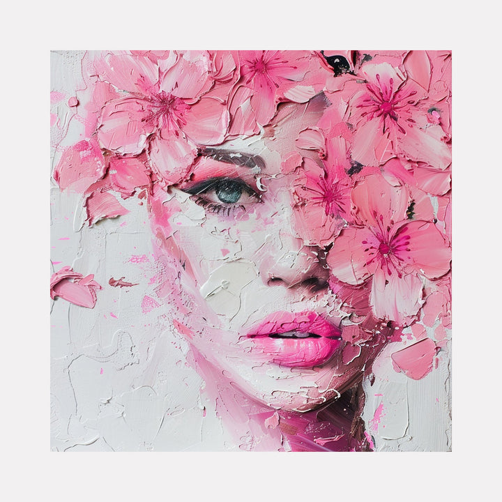 The artwork "Flower Rose" by Claudia Sauter in gallery position 1 displays a textured mixed media portrait of a woman partially obscured by vibrant pink blossoms. The thick impasto technique and delicate layering create depth and softness, evoking the intimate detail of Gustav Klimt and the floral elegance reminiscent of Frida Kahlo’s botanical motifs.