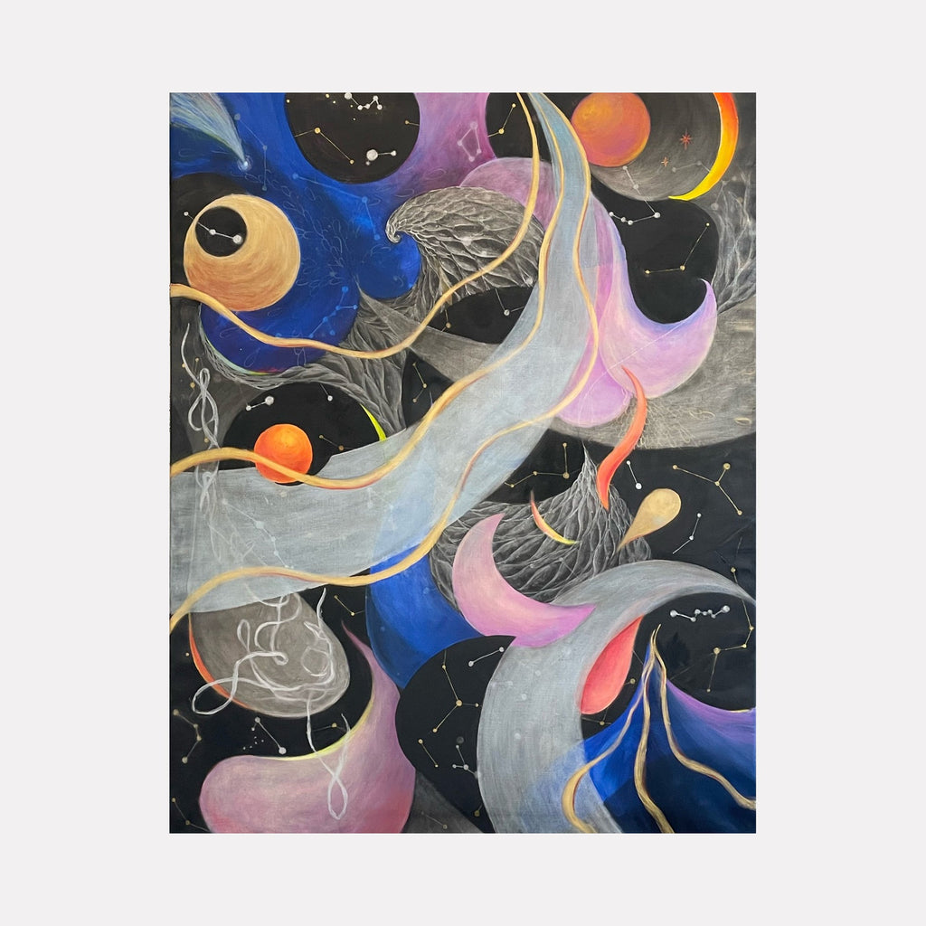 The artwork "Fabric Of Cosmos #11" features swirling ribbons of pastel pink, blue, and gray intertwined with golden lines, set against a deep black background dotted with orange and yellow celestial bodies and constellation patterns. Textured feathers and fluid shapes create a cosmic, ethereal feel. By Sonomi Kobayashi.