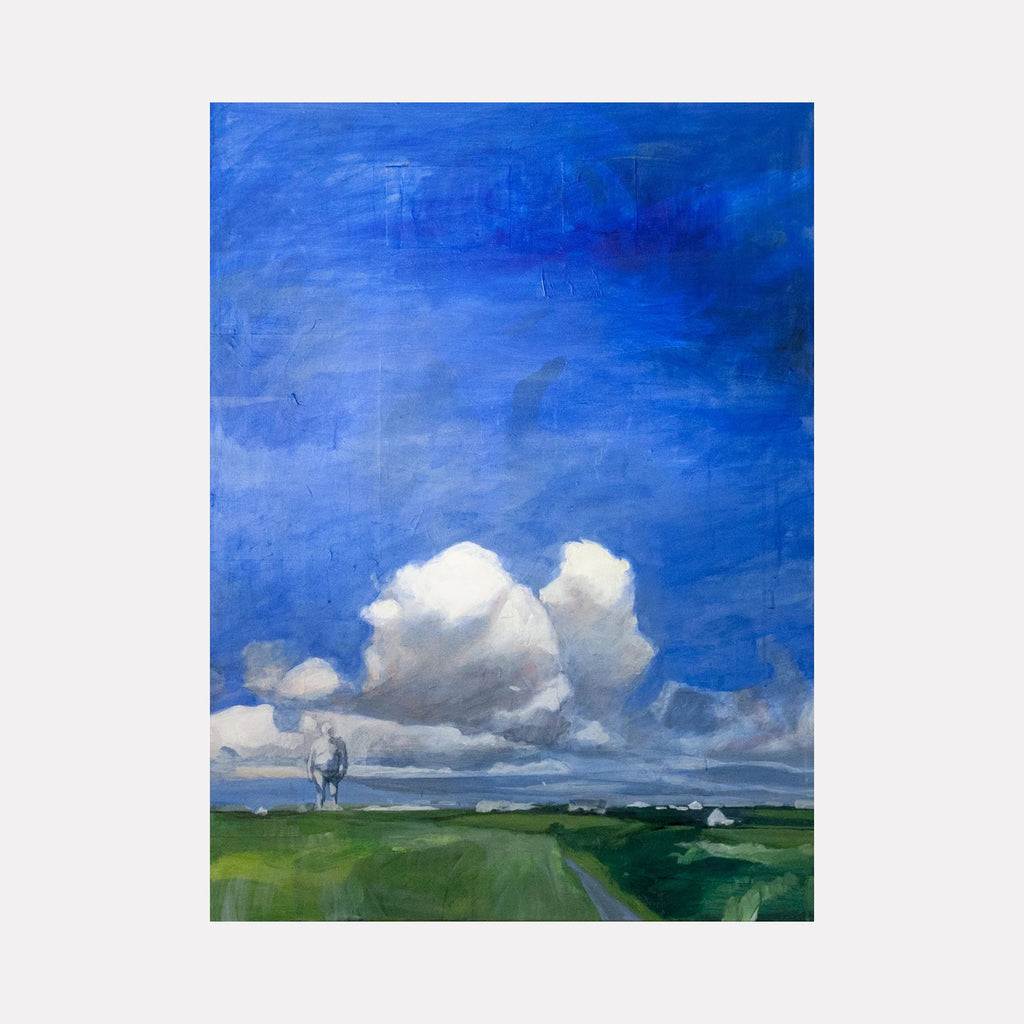 The artwork "Family" by Chris Baily features a serene landscape with expansive green fields under a vast, vivid blue sky filled with billowing white clouds. The textured brushstrokes and atmospheric depth evoke the tranquil realism of Andrew Wyeth and the delicate light of Edward Hopper’s rural scenes.