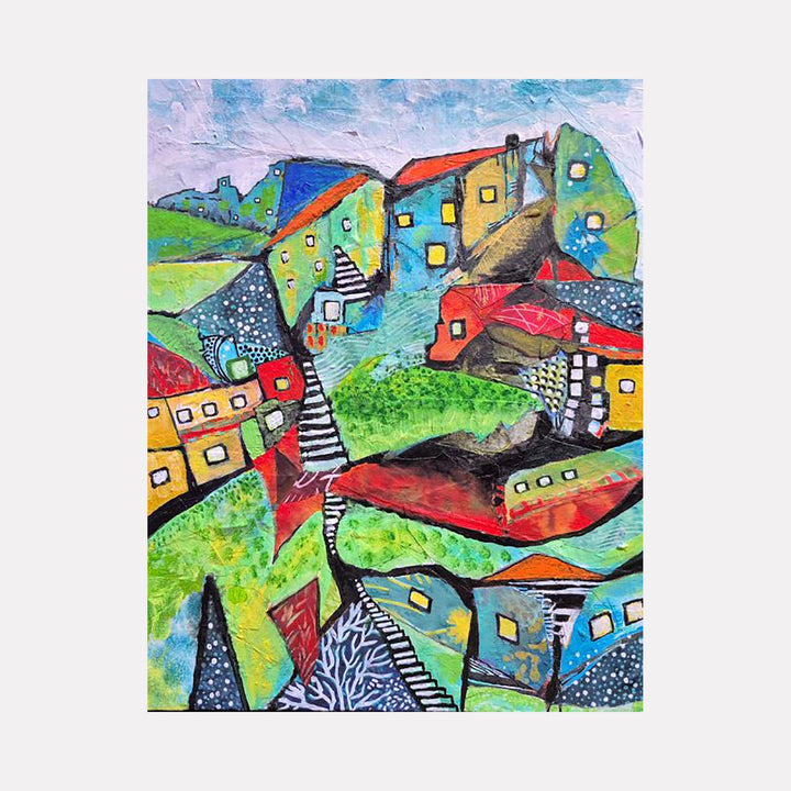 The artwork "Favela Vidigal" by James Ehling presents an abstract composition of vibrant, angular houses with bold red, yellow, blue, and green hues. Textured brushstrokes and layered patterns evoke a dynamic, fragmented urban landscape, reminiscent of the Cubist exploration of form seen in Picasso’s and Braque’s early 20th-century works.