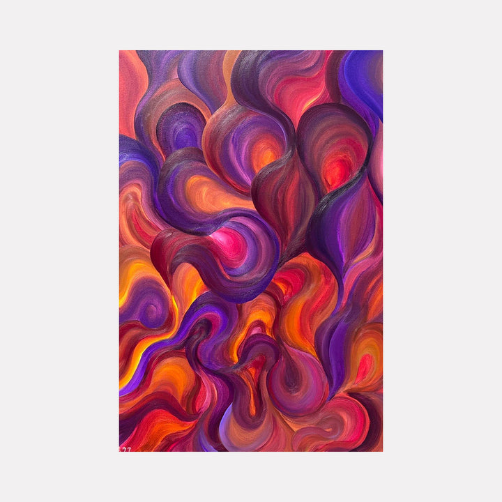 The artwork "Feel The Fire" features swirling abstract shapes in vibrant hues of red, orange, purple, and yellow, creating a dynamic sense of movement and warmth with smooth, flowing textures resembling flames. This energetic composition conveys intensity and passion in an expressive, modern style by Kim Rosebud.