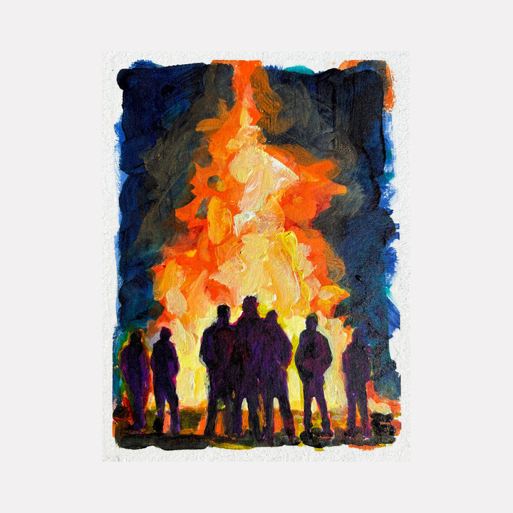 The artwork "Fever Dreams 2" by Jo Carol Mitchell-Rogers depicts a group of silhouetted figures standing before a large, vibrant bonfire with flames rendered in bold, swirling oranges, yellows, and reds against a dark blue and black night sky. The style evokes the expressive brushwork of Edvard Munch and the intense color contrasts reminiscent of Vincent van Gogh.