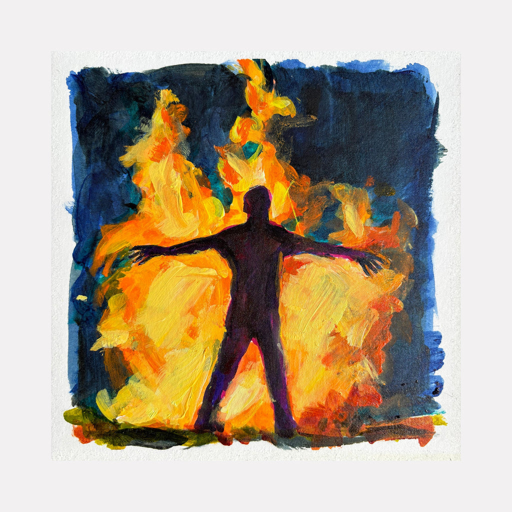 The artwork "Fever Dreams 3" by Jo Carol Mitchell-Rogers depicts a dark silhouetted figure with arms outstretched, engulfed in vivid, swirling flames of orange, yellow, and red against a deep blue and black background. The texture is expressive and painterly, reminiscent of Edvard Munch’s intense emotional style and the fiery color contrasts of J.M.W. Turner.