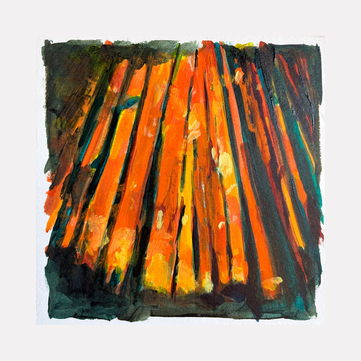 The artwork "Fever Dreams 4" by Jo Carol Mitchell-Rogers features bold vertical strokes in fiery orange and yellow hues contrasted against deep dark greens and blacks. The textured brushwork and vibrant color contrasts evoke an expressionist style reminiscent of works by Edvard Munch and early abstract expressionists like Mark Rothko, creating a dramatic, intense visual impact.
