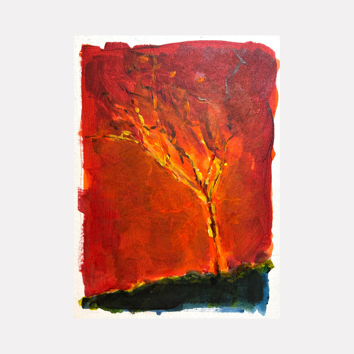 The artwork "Fever Dreams 5" by Jo Carol Mitchell-Rogers features a vibrant abstract tree with fiery orange and yellow branches set against a deep red textured background, contrasted by a dark green and blue base. The painting evokes the expressive style of Edvard Munch and the vivid color use reminiscent of Fauvist artists.