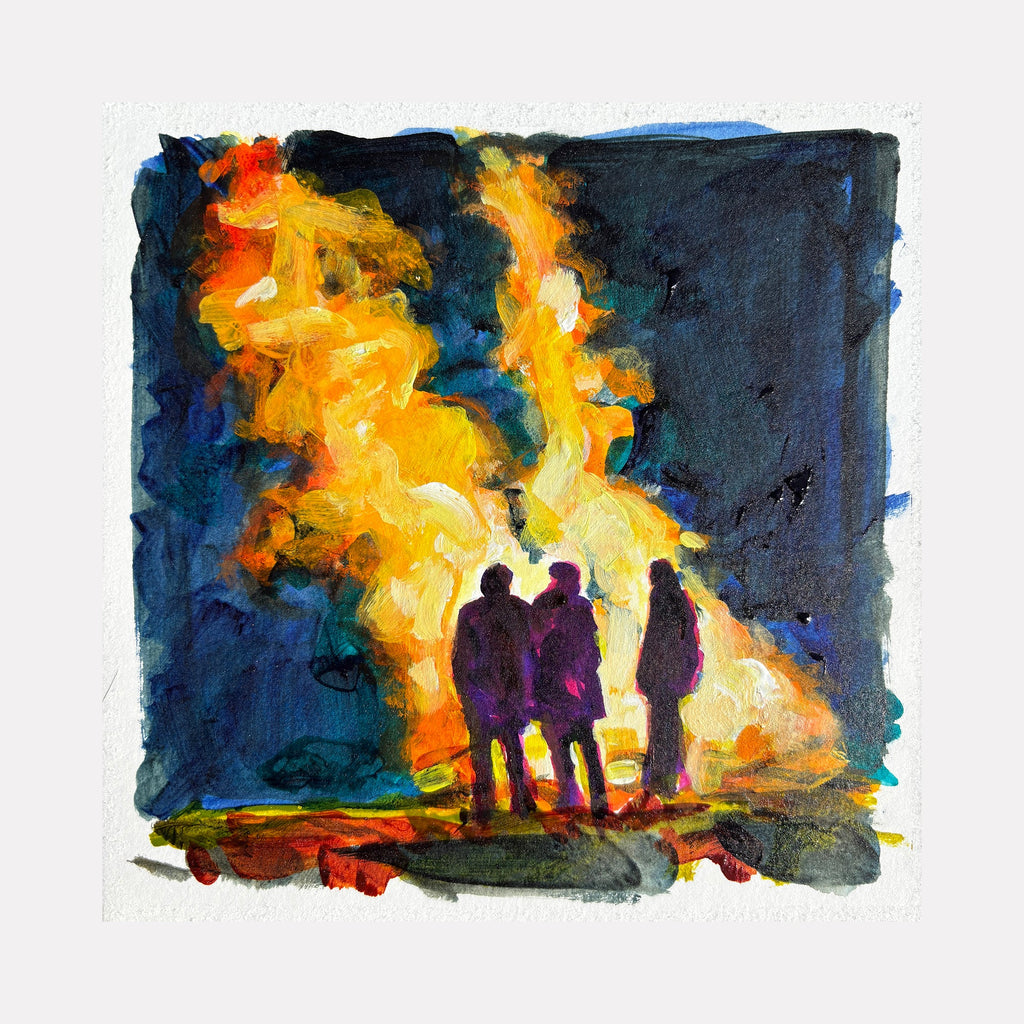The artwork "Fever Dreams 7" by Jo Carol Mitchell-Rogers depicts three silhouetted figures standing before a large, vibrant fire with flames in shades of yellow, orange, and red, contrasted against a dark, deep blue and black background. The brushstrokes are expressive and impressionistic, reminiscent of the dynamic energy found in works by J.M.W. Turner.