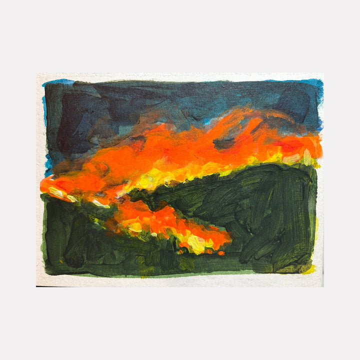 The artwork "Fever Dreams 8" by Jo Carol Mitchell-Rogers features bold, swirling brushstrokes of fiery orange and yellow flames set against deep green and dark blue backgrounds. The textured, impressionistic style echoes the emotive intensity of works by Edvard Munch and the vivid color contrasts reminiscent of Vincent van Gogh’s landscapes.