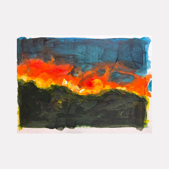 The artwork "Fever Dreams 9" by Jo Carol Mitchell-Rogers features an abstract landscape with bold, textured brushstrokes. The image contrasts a dark, forest-like foreground with a vibrant, fiery sky blending reds, oranges, and yellows, transitioning into deep blue tones. The style recalls the expressive color fields of Mark Rothko and the energetic abstract expressionism of Willem de Kooning.
