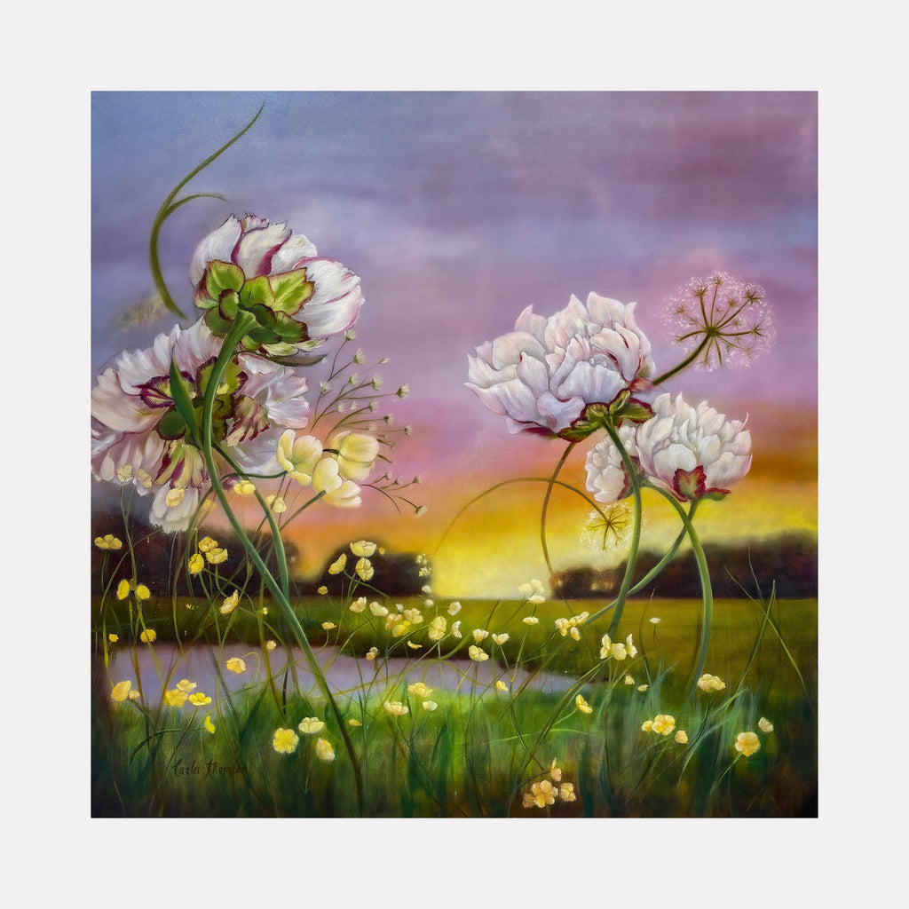 The artwork "Field & Flowers" by Carla Thomson depicts delicate white and pale pink flowers with lush green stems and leaves set against a soft, glowing sunset sky in shades of purple, pink, and yellow. The composition features fine botanical details and a dreamy atmosphere reminiscent of Impressionist painters like Claude Monet and the floral softness of Georgia O’Keeffe.