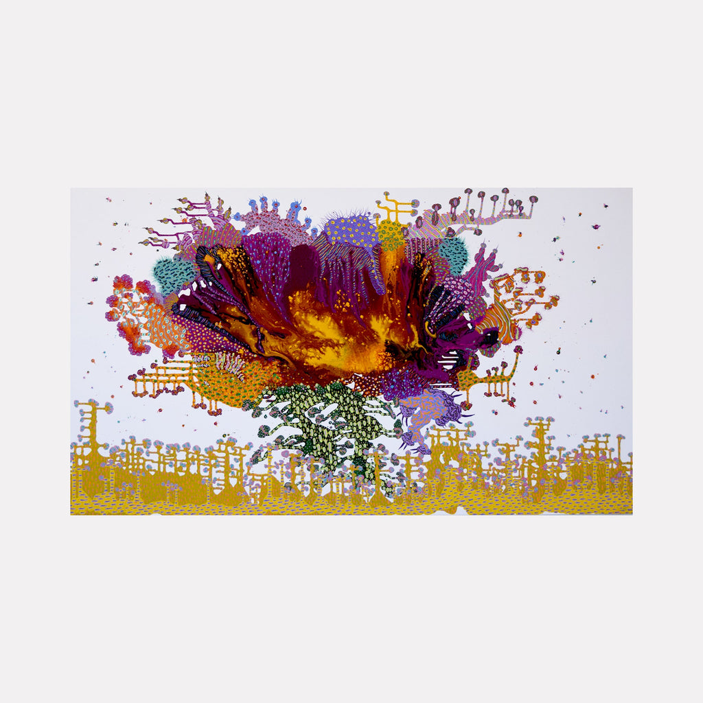 The artwork "Fields of Fire and Petals" by Avani Patel presents a vibrant abstract floral explosion with rich reds, purples, golds, and greens. Intricate dotted and linear patterns create dynamic textures reminiscent of Yayoi Kusama’s polka dot motifs and Gustav Klimt’s ornamental gold details, blending organic and geometric forms in a lively contemporary style.