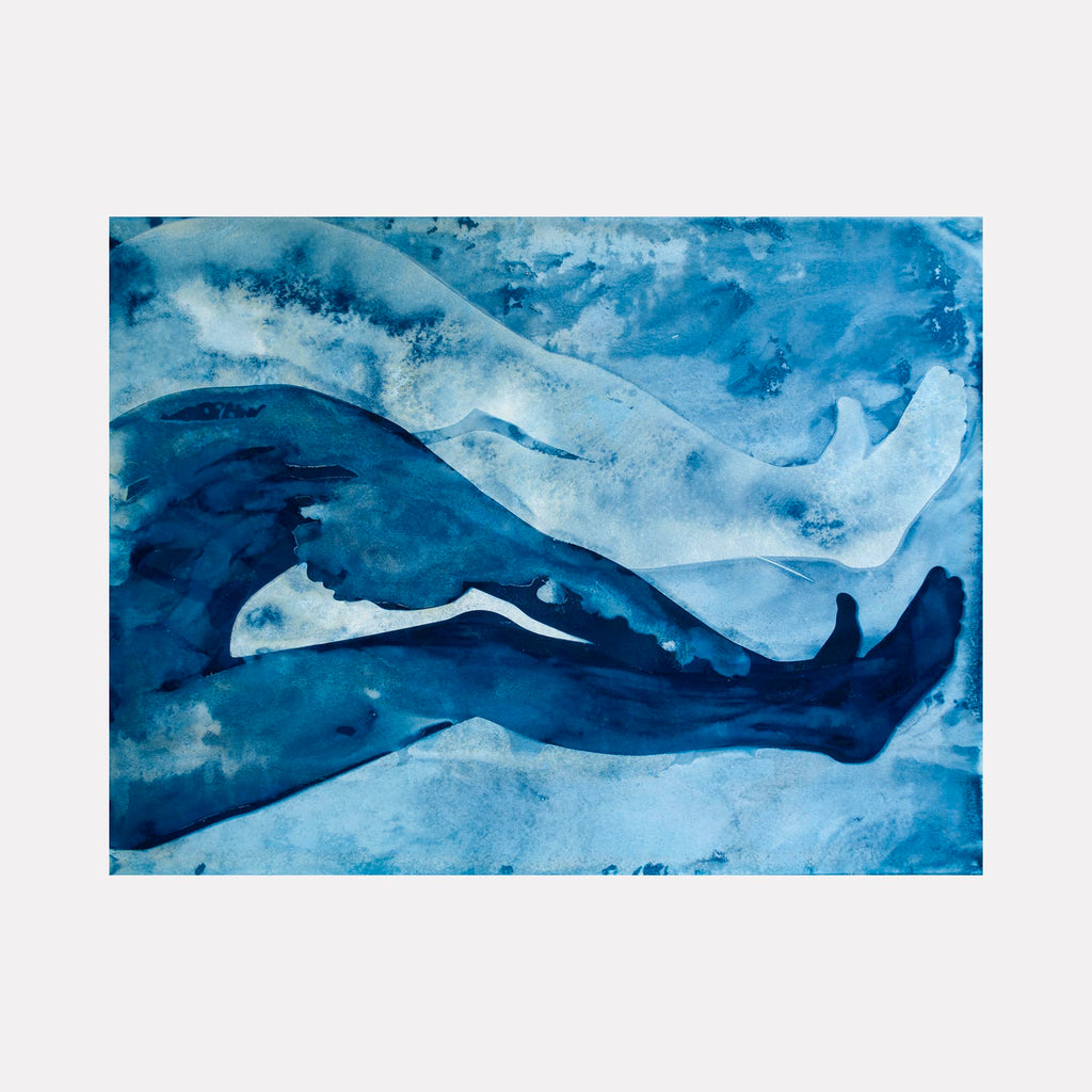 The artwork "Figure Study #05F" by Cat Welch features two overlapping human legs rendered in varying shades of blue, evoking a tranquil and introspective mood. The textured, watercolor-like background and fluid forms echo the styles of Henri Matisse's cut-outs and Pablo Picasso's Blue Period, emphasizing abstraction and emotional depth.