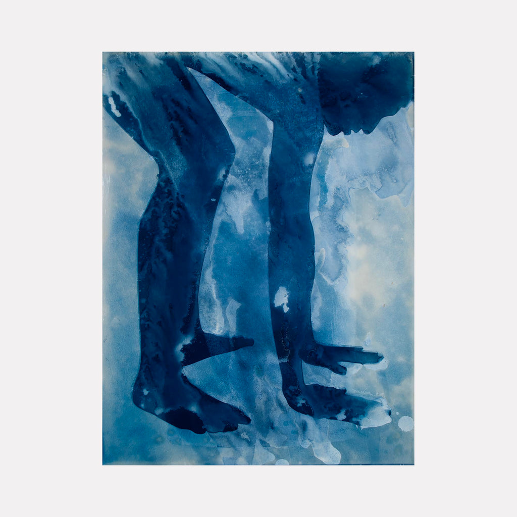 The artwork "Figure Study #08C" by Cat Welch features an abstract representation of human legs and feet in deep blue tones with fluid, watercolor textures. The piece evokes the style of Henri Matisse's cut-outs and the expressive abstraction of Yves Klein's monochromes, blending organic shapes and layered translucency with a modern, minimalist aesthetic.