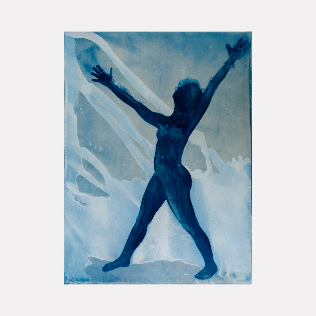 The artwork "Figure Study #15B" by Cat Welch features a dark blue silhouette of a human figure with arms outstretched against a textured background of varying blue and white tones. The style echoes the fluidity and expressive form found in works by Henri Matisse and Edgar Degas, showcasing dynamic movement and abstract expression through watercolor-like washes.