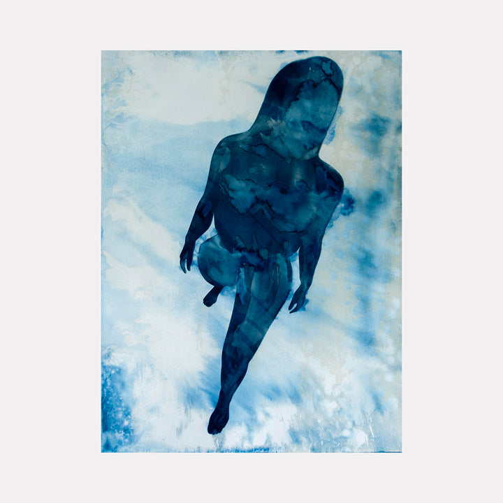 The artwork "Figure Study #19B" by Cat Welch features a translucent human figure rendered in deep blue tones, blending organic shapes with fluid textures reminiscent of watercolor techniques. The piece evokes the ethereal quality and abstraction found in works by Henri Matisse and Yves Klein, combining impressionistic softness with modern minimalism.