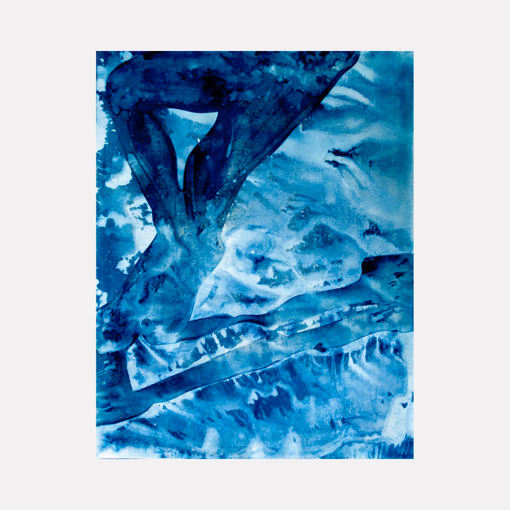 The artwork Figure Study #21B by Cat Welch features a fluid, abstract representation of a human figure rendered in various shades of deep blue and aqua. The textured watercolor technique creates a sense of depth and movement reminiscent of the expressive styles of Henri Matisse and Egon Schiele, blending organic shapes with dynamic brushstrokes.