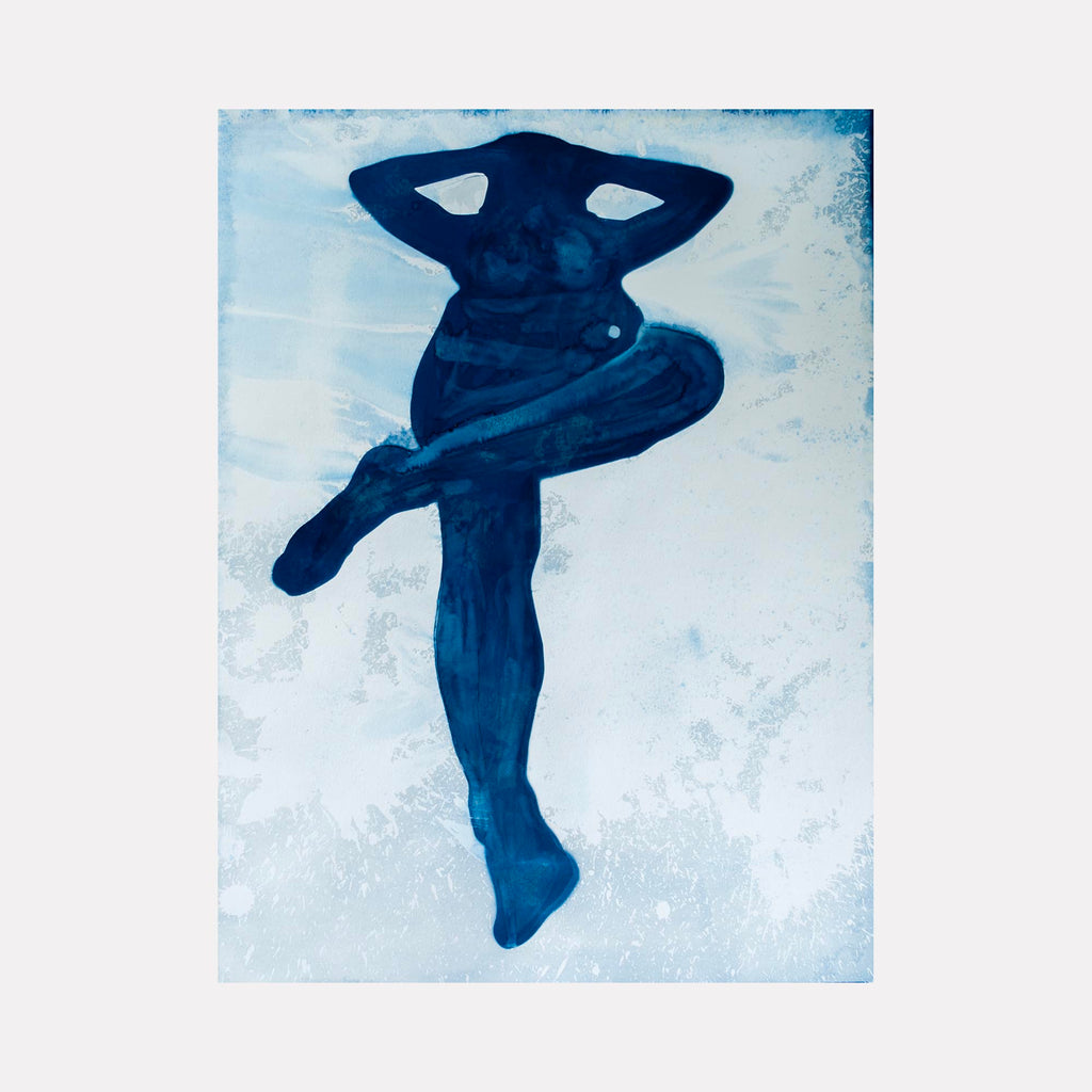 The artwork Figure Study #25C by Cat Welch depicts a deep blue silhouette of a reclining human figure against a textured, light blue and white background. The minimalist style and bold use of monochrome shades evoke the essence of Henri Matisse’s cut-outs, combining organic shapes with a modern abstract expression.