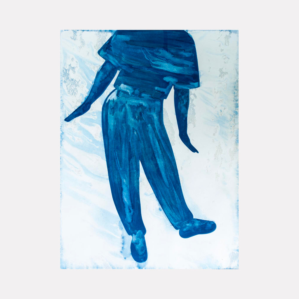 The artwork "Figure Study #27A" by Cat Welch features a simplified human figure rendered in rich blue tones with fluid brushstrokes and an abstracted form. The textured background contrasts softly with the figure's organic shapes, evoking styles similar to Henri Matisse’s cut-outs and early Picasso studies, blending expressionism and modernism.