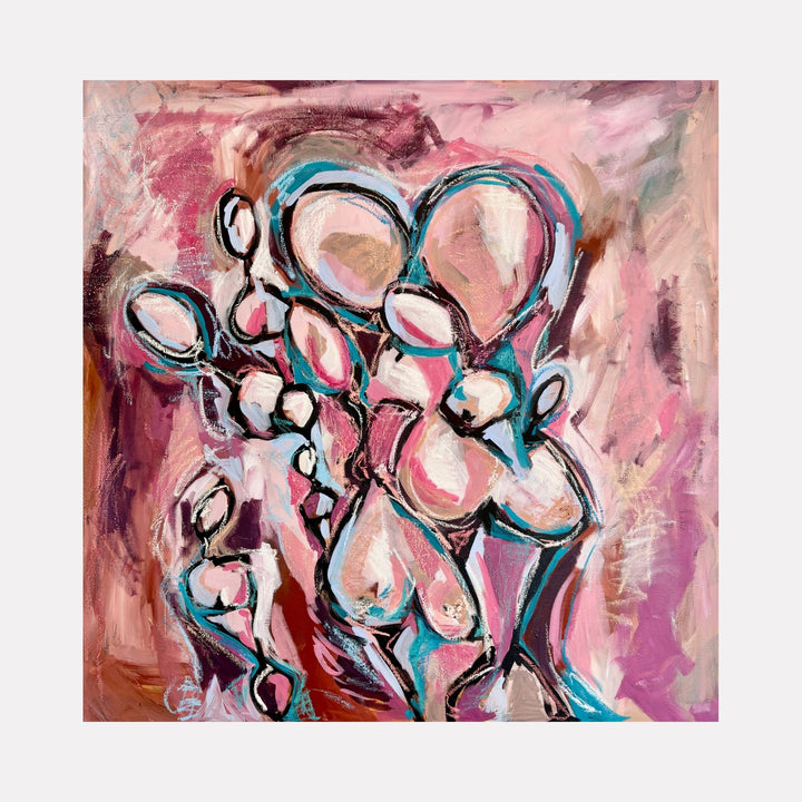The artwork "Figures in Pink & Blue #1" features abstract human-like shapes intertwined with flowing lines in vibrant pink, blue, and beige tones, enhanced by dynamic brushstrokes and textured layers creating depth and movement. This expressive piece by Kaitlin Andrews captures fluidity and emotion through bold color contrasts and organic forms.