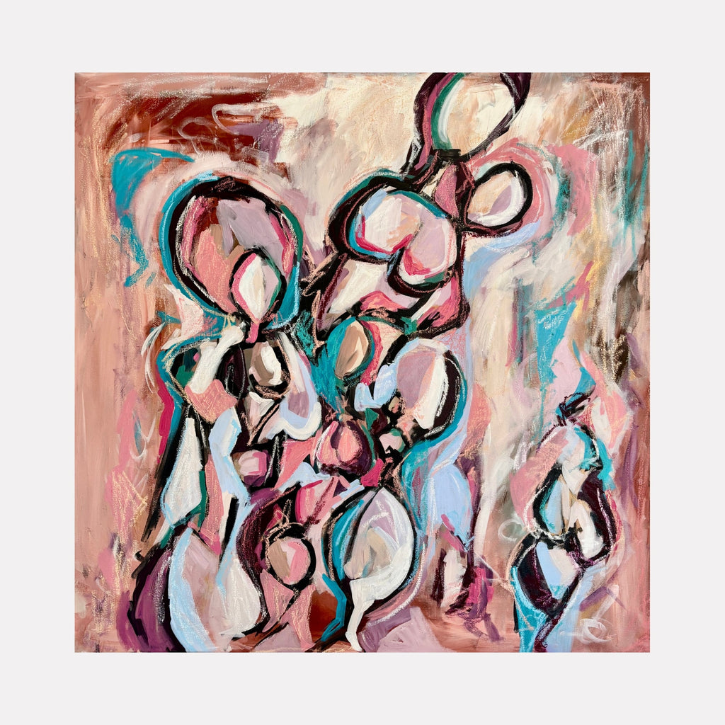 The artwork "Figures in Pink & Blue #2" features abstract human-like shapes rendered in swirling brushstrokes of pink, blue, beige, and black, creating a dynamic interplay of color and form with textured layers on canvas. This modern abstract piece emphasizes fluidity and movement by Kaitlin Andrews.