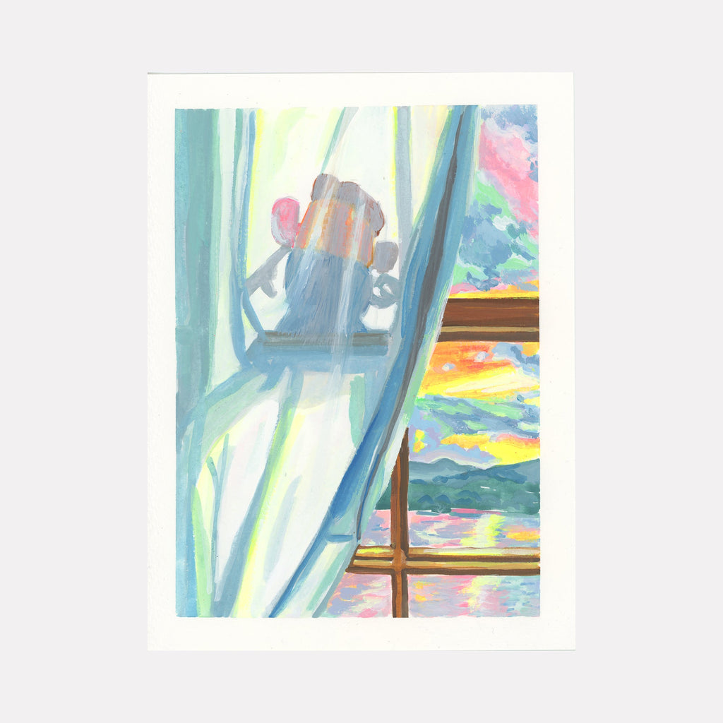The artwork "Finding Beauty" depicts a softly lit interior scene viewed through a window framed by fluid, translucent curtains in pastel blues and greens. Outside, a vibrant sunset with warm pinks, yellows, and oranges reflects on serene water and rolling hills, evoking the impressionistic style of Claude Monet. This calming and reflective piece is by Mary Younkin.