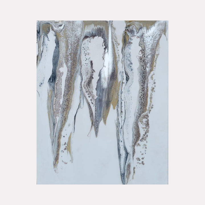 Fire Flare by Swann Freslon features elongated, flowing abstract shapes in a muted palette of silver, gold, and soft gray tones, with layered textures that create a sense of gentle downward motion and refined organic elegance within a subtle, airy composition.
