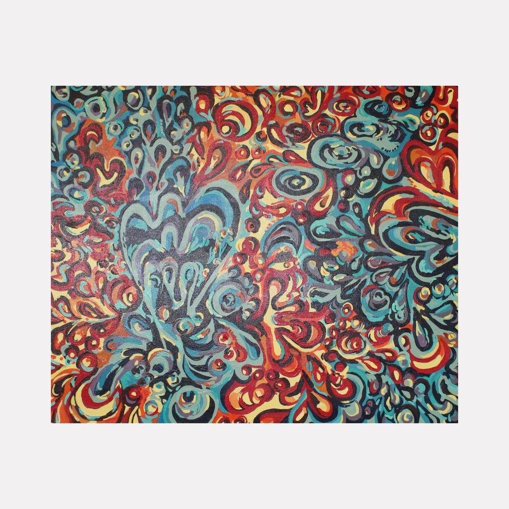 The artwork "Fire and Ice" features an abstract composition with swirling shapes and intricate patterns in vibrant reds, oranges, blues, and teals, creating a dynamic contrast that evokes the themes of fire and ice. The textured layers and fluid forms convey energy and movement. By Kaitlin Andrews.