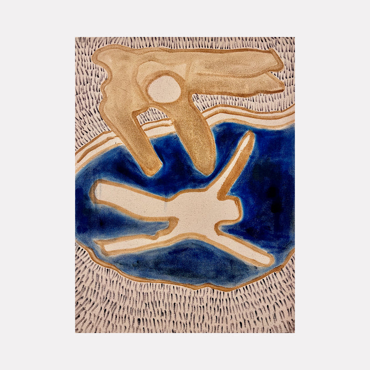 The artwork "First Dream" by Catherine Webb features two abstract, human-like forms rendered in soft beige and warm brown tones floating above and within a deep blue irregular shape. The textured background of short vertical strokes and organic contours reflects a minimalist style reminiscent of Henri Matisse’s cut-outs and the fluid abstraction of Jean Arp.