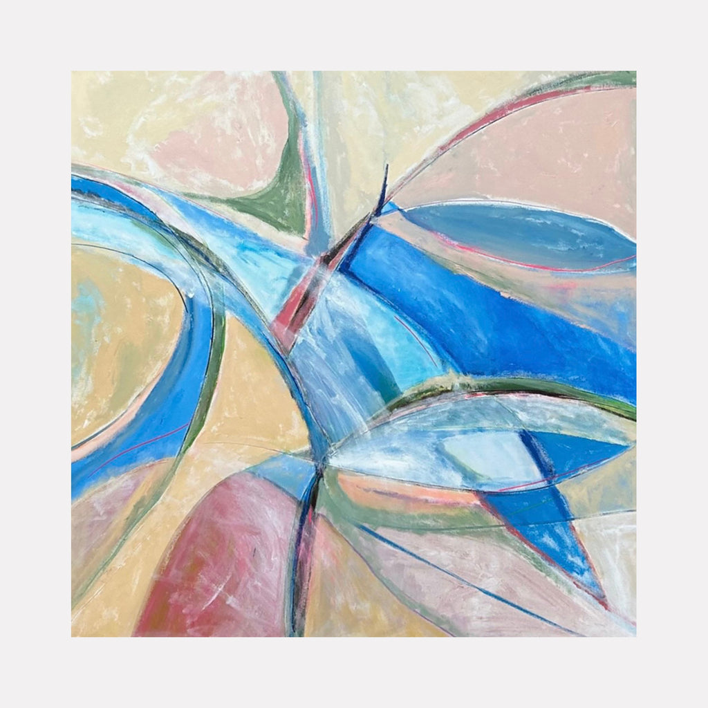 The artwork "Fishing" by Beth Barry features an abstract composition with dynamic, flowing shapes in shades of blue, beige, pink, and green. The textured brushstrokes create a sense of movement, evoking water and marine life in a modern, expressive style. Fishing by Beth Barry.