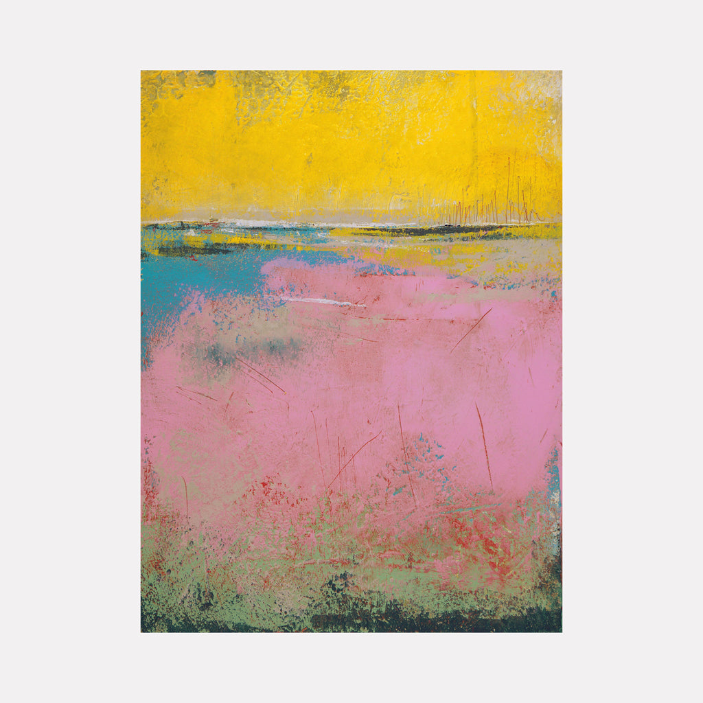 Flamingo Coast by Victoria Primicias displays an abstract landscape with bold, sunlit yellow occupying the upper area above a band of soft blue and expansive warm pink tones. The textured layers and subtle scratches add depth and a sense of serene coastal atmosphere, blending gentle earth hues with vibrant color contrasts in a calming composition.