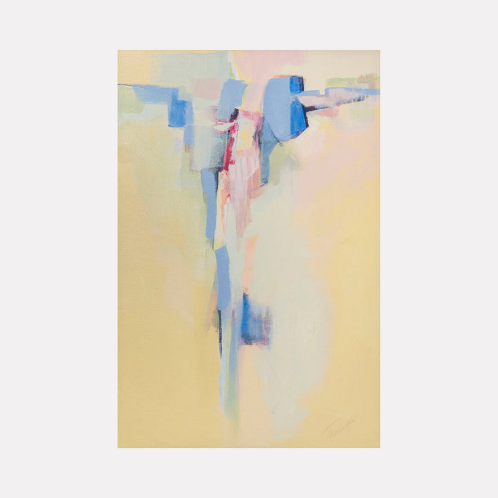 The artwork 'Ambitions of Tomorrow' by Ann Flemings features an abstract composition with soft blue geometric forms floating against a warm cream background. Delicate pink accents and subtle charcoal marks create depth and movement. The vertical arrangement suggests an ascending motion, with ethereal brushstrokes blending acrylic paint in a minimalist style. By Ann Flemings.