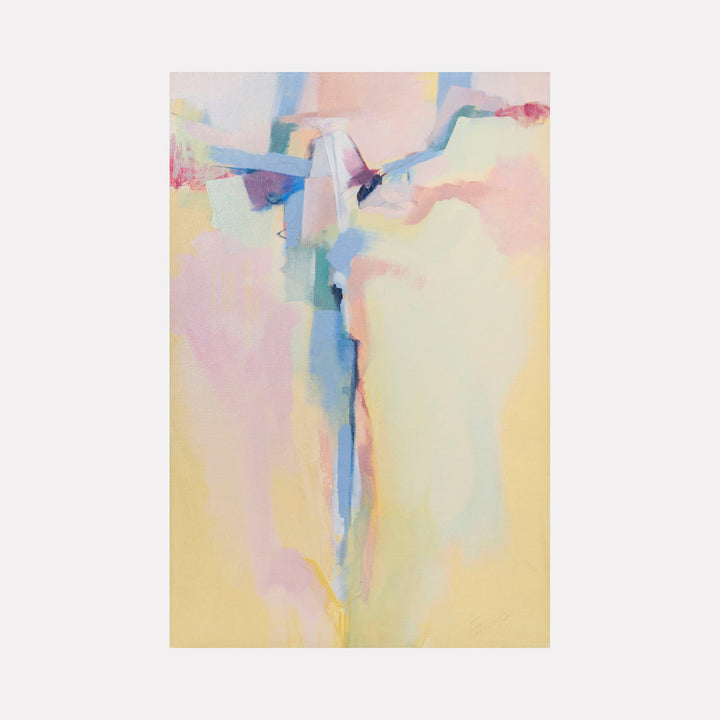 The artwork 'Bewilderment' features an abstract cruciform figure rendered in soft pastel hues of yellow, pink, and blue. The central vertical form appears ethereal against the dreamy background, with delicate brushstrokes creating a sense of movement and spiritual elevation. Created with acrylic and charcoal by Ann Flemings.