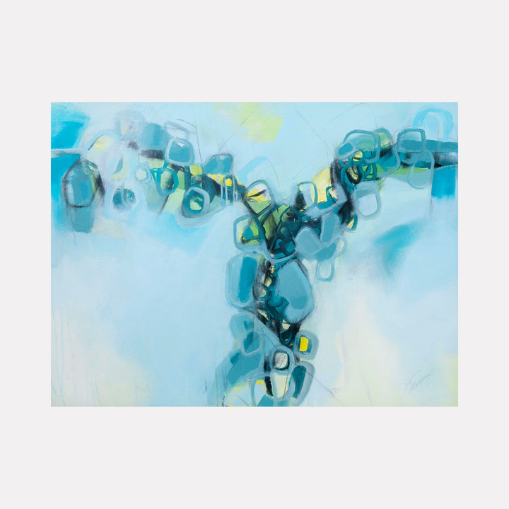 The artwork 'Cairns of Teal Jewels' by Ann Flemings features abstract geometric shapes in varying shades of teal and turquoise, floating across a soft light blue background. Angular forms resembling crystals or gemstones are arranged in a flowing pattern, with touches of yellow accents creating depth and movement in this acrylic and charcoal composition.