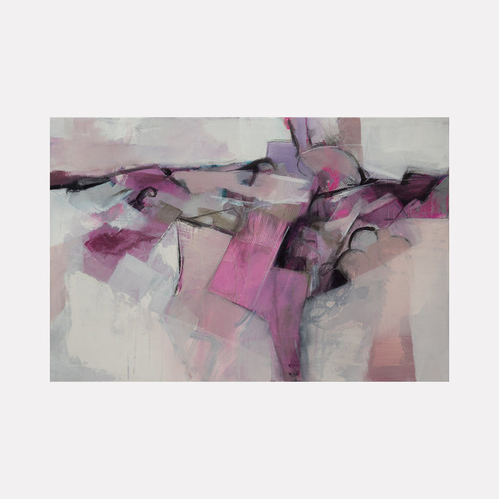 The artwork 'Cherry Cola Six-Pack' features an abstract composition with dynamic brushstrokes in shades of pink, mauve, and grey. Bold charcoal lines intersect the canvas, creating geometric fragments amid soft, ethereal gesso washes. Pink tones dominate the center, fading into misty white edges, with expressive acrylic textures throughout. By Ann Flemings.