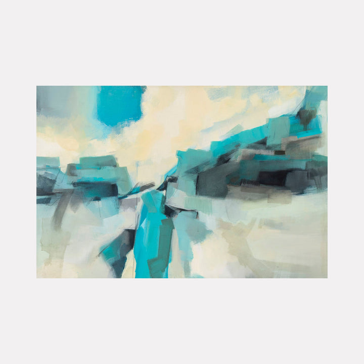 The artwork 'Climbing Up the Cliffs' features an abstract landscape composition with dynamic brushstrokes in turquoise, cream, and charcoal tones. Bold geometric shapes merge and overlap, creating a sense of movement and depth. The painting's fluid acrylic technique suggests rocky formations against a soft, ethereal sky. By Ann Flemings.