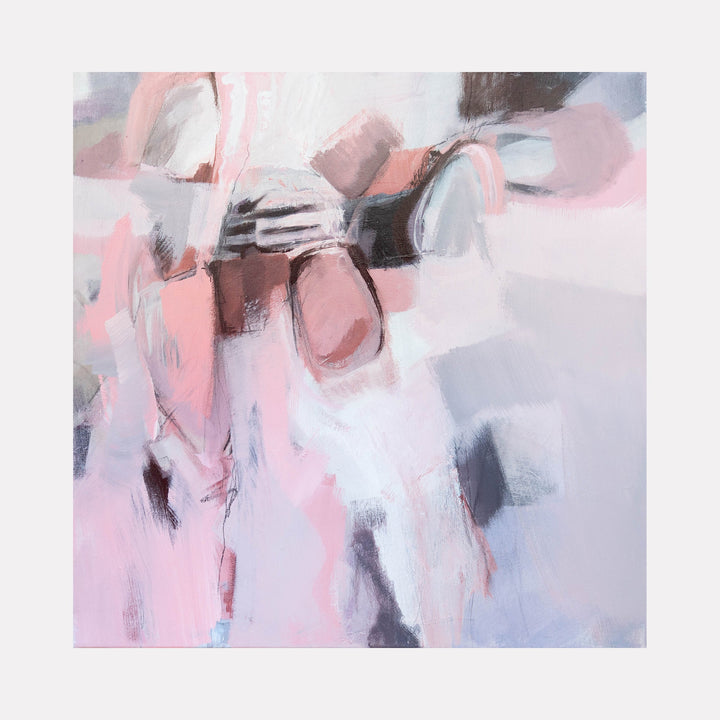 The artwork 'Covid Cautious' features an abstract composition in soft pink, grey, and white tones. Fluid brushstrokes create a sense of movement across the canvas, with gentle transitions between colors. Bold black accents add dynamic contrast to the ethereal palette. This acrylic painting showcases a dreamy, atmospheric quality with layered textures and gestural marks by Ann Flemings.