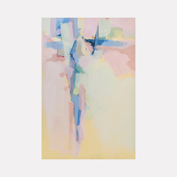 The artwork 'Creating Sunshine When the Sun Fails' features delicate abstract forms in soft pastel hues, with vertical brushstrokes in blues and whites emerging from a warm yellow and pink background. The composition suggests a ethereal, floating quality through gentle color transitions and fluid acrylic application layered with subtle charcoal details by Ann Flemings.