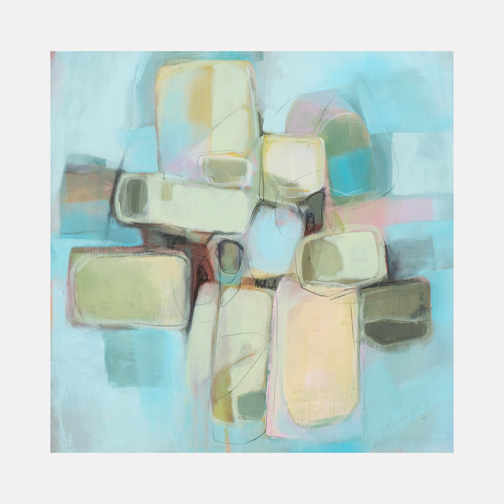 The artwork 'Give My Heart A Listen' features soft geometric shapes arranged in a cross-like pattern against a serene aqua background. Abstract rectangular forms in pastel yellows, greens, and peaches float harmoniously, outlined with delicate charcoal lines. The acrylic painting combines muted tones with ethereal turquoise creating a dreamy, contemplative composition. By Ann Flemings.