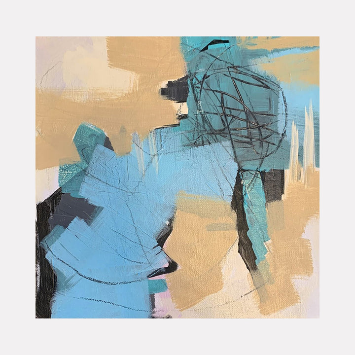The artwork 'Now is the Time of Monsters #2' features dynamic abstract composition with bold turquoise blue forms contrasting against warm beige backgrounds. Expressive charcoal lines create movement across the canvas, while textured acrylic brushstrokes add depth and dimension. The piece showcases a contemporary abstract expressionist style by Ann Flemings.