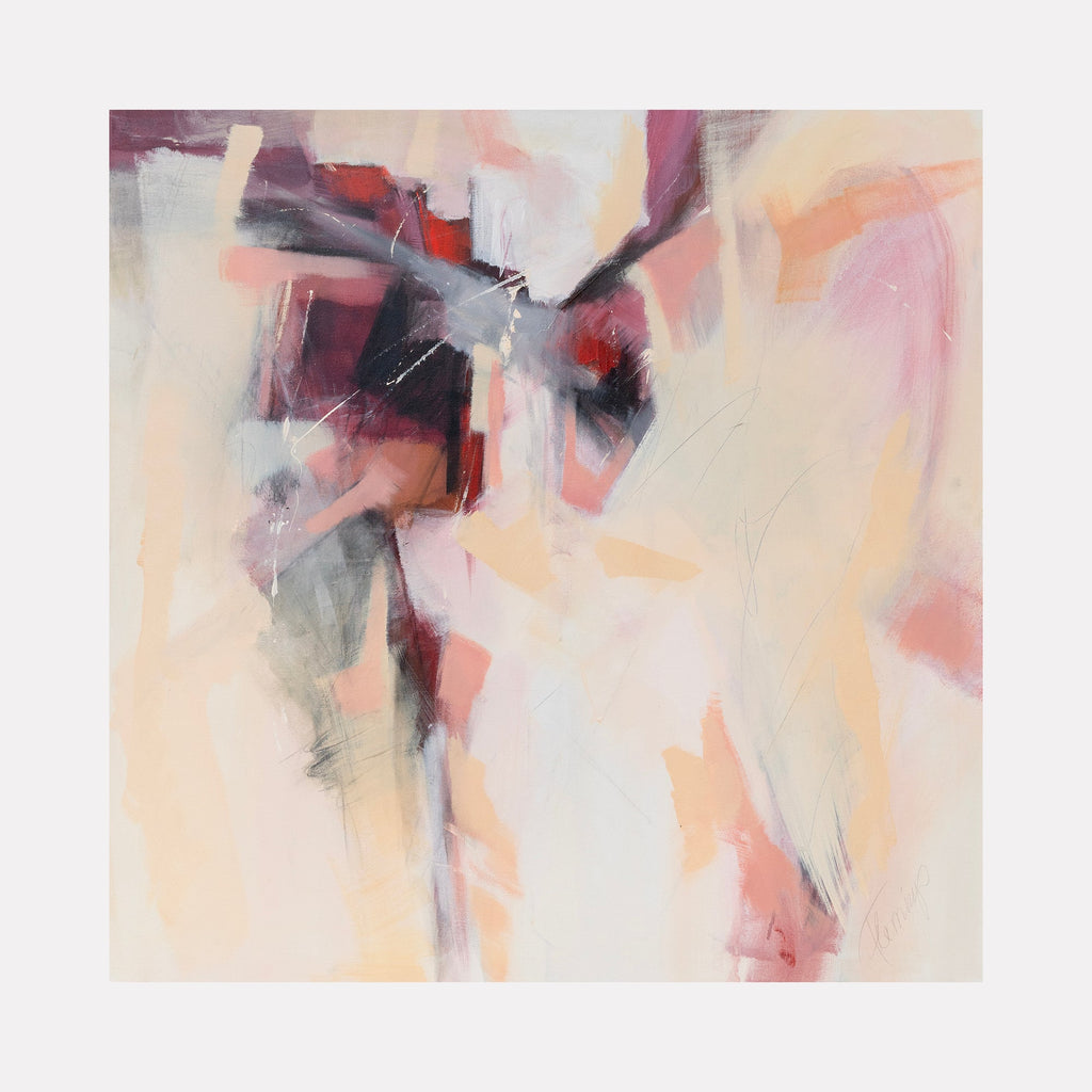 The artwork 'Often The End is Just the Beginning' features abstract expressionist brushstrokes in soft peach and cream tones contrasting with bold burgundy and charcoal accents. Dynamic angular shapes create movement across the canvas, with gestural marks in acrylic and charcoal suggesting a sense of emergence and transformation. By Ann Flemings.