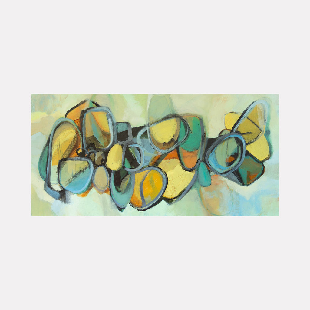 The artwork 'The Eyes Have It' by Ann Flemings features an abstract composition with fluid, organic shapes in vibrant turquoise, yellow, and black against a soft mint green background. The flowing forms create a dynamic horizontal movement across the canvas, with curved lines interweaving throughout the acrylic painting.