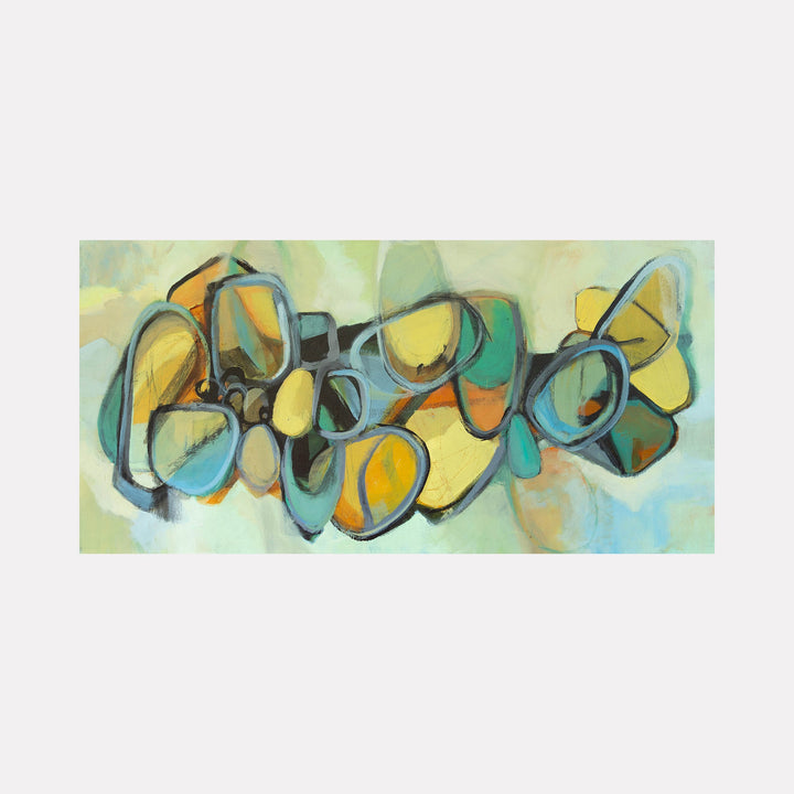 The artwork 'The Eyes Have It' by Ann Flemings features an abstract composition with fluid, organic shapes in vibrant turquoise, yellow, and black against a soft mint green background. The flowing forms create a dynamic horizontal movement across the canvas, with curved lines interweaving throughout the acrylic painting.